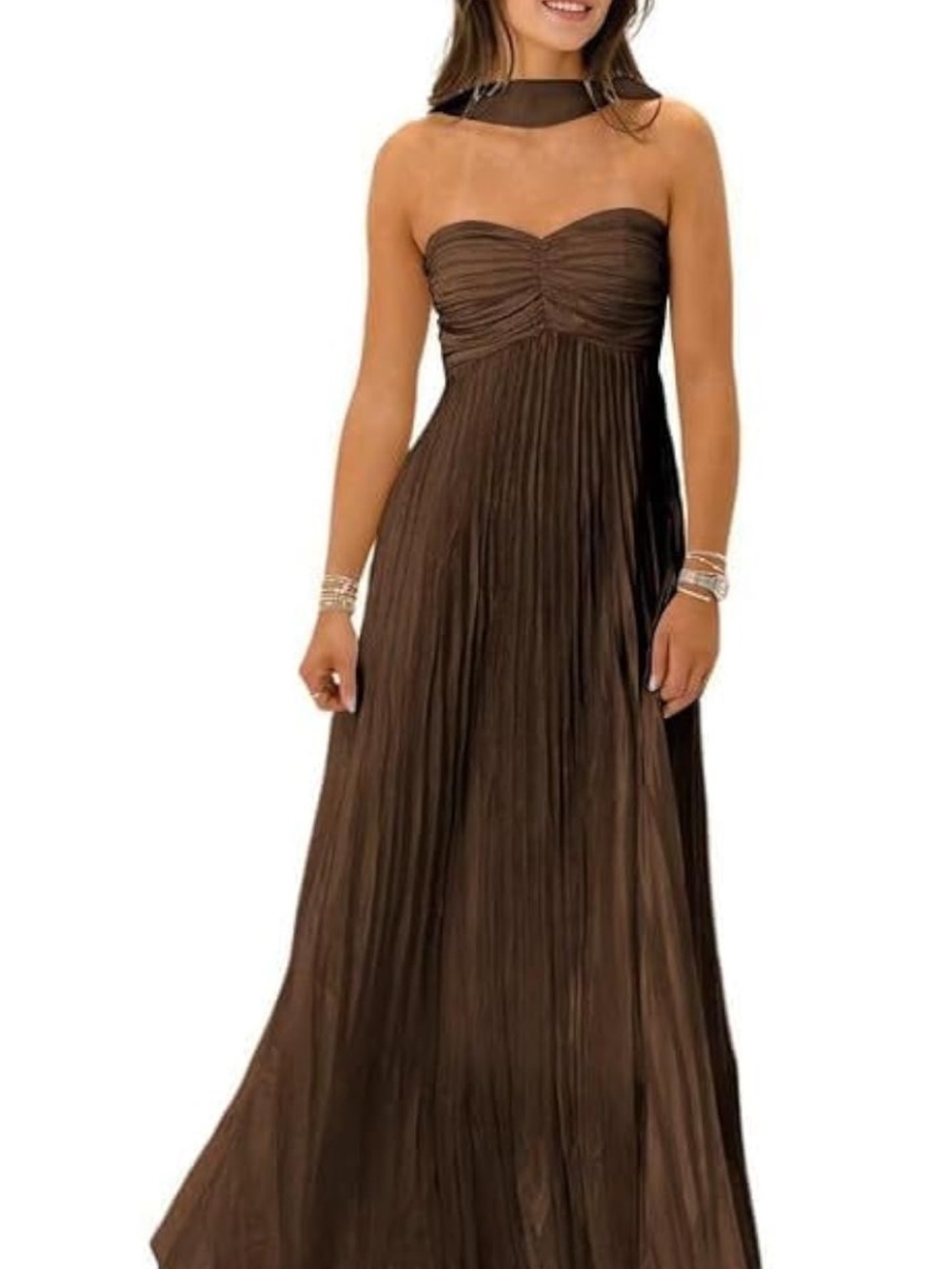Strapless Brown Pleated Maxi Dress with Choker Detail